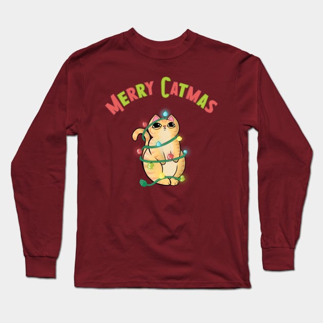 Merry Catmas Orange Tabby Cat wrapped in Christmas Lights Long Sleeve T-Shirt by xenotransplant